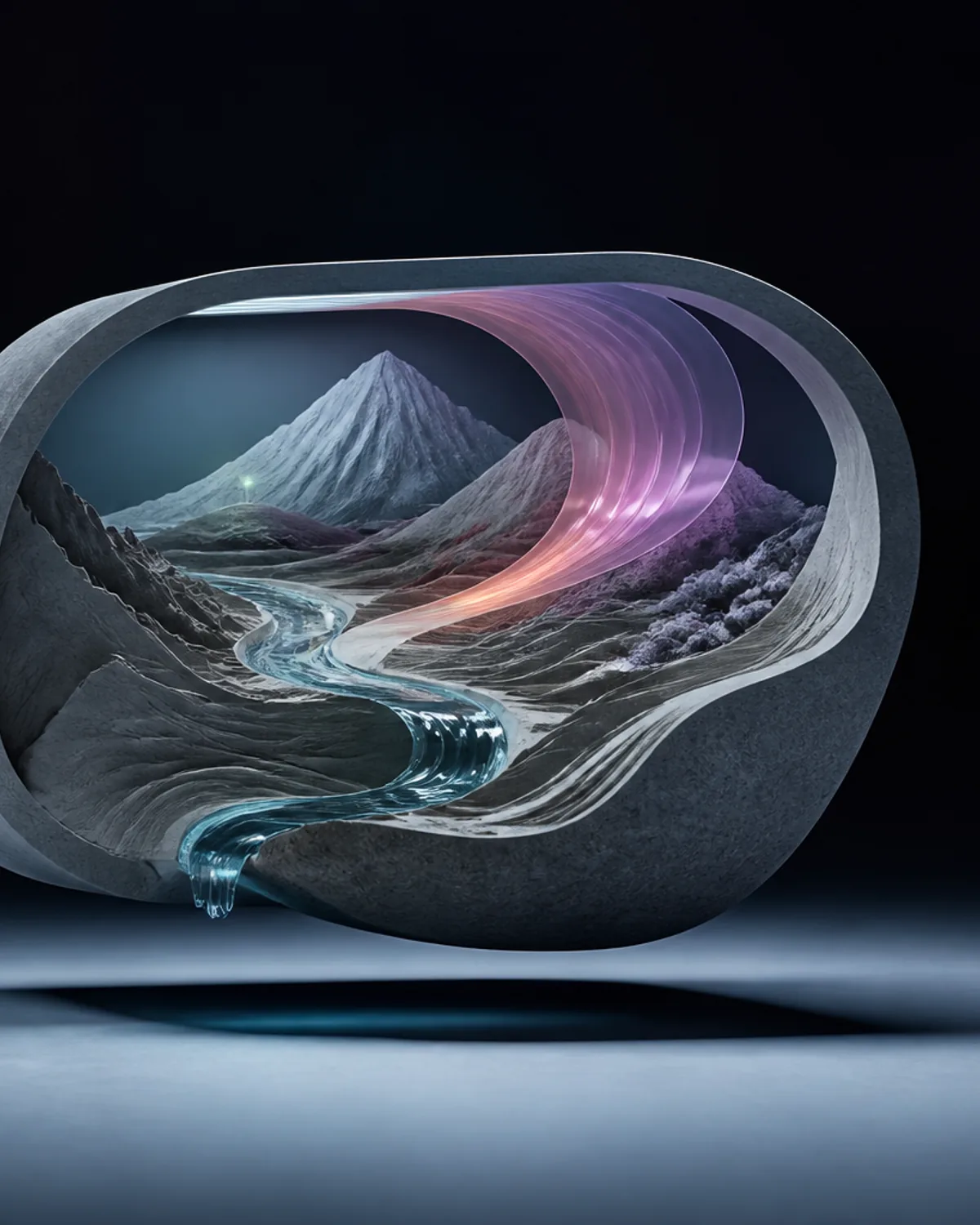 A miniature mountain landscape held inside an impossible frame with a vivid flowing ribbon.