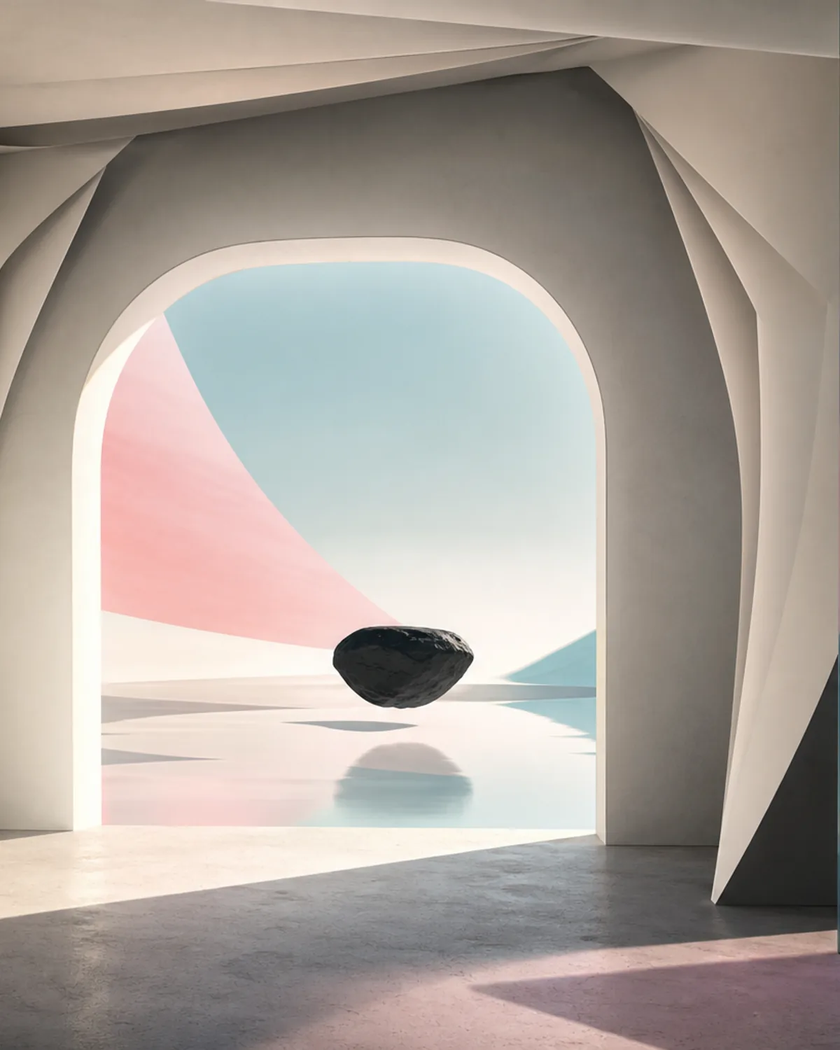 Folded paper architecture opening into a glowing cyan and violet portal.