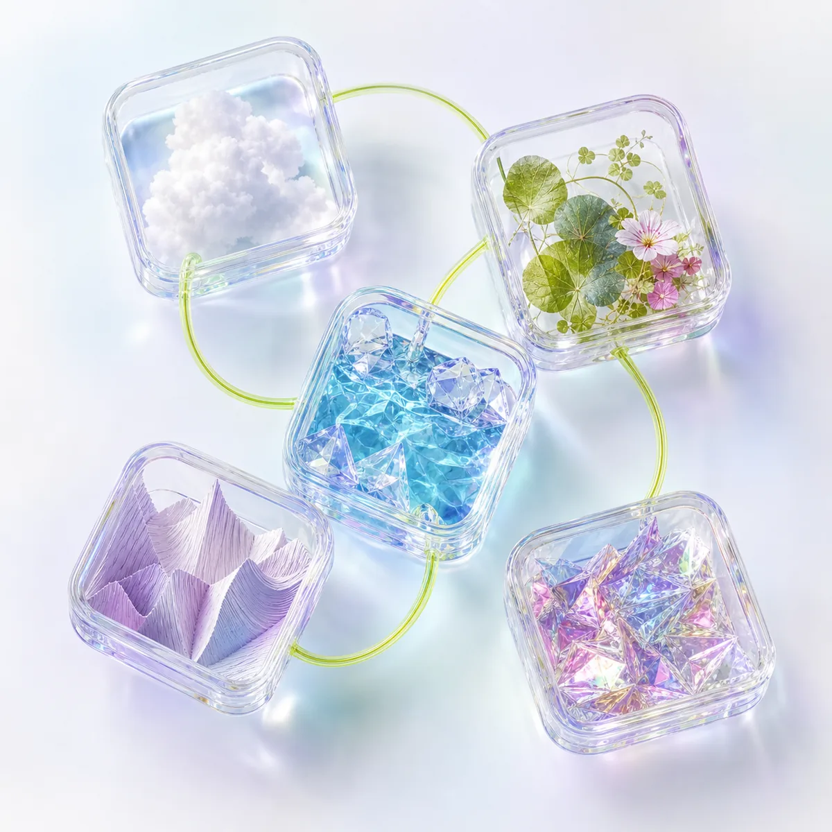 Five translucent viewfinders containing cloud, botanical, water, paper, and foil textures.