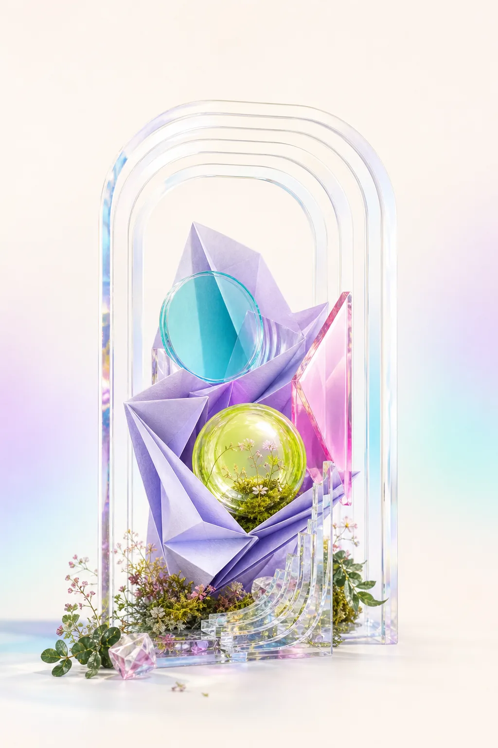 A sculptural creative lens built from acrylic arches, folded violet paper, and glass orbs.