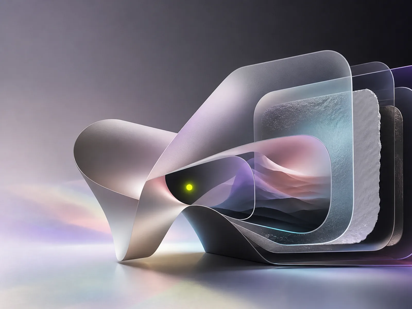 Nested prismatic frames opening around a luminous ribbon on a dark creative canvas.