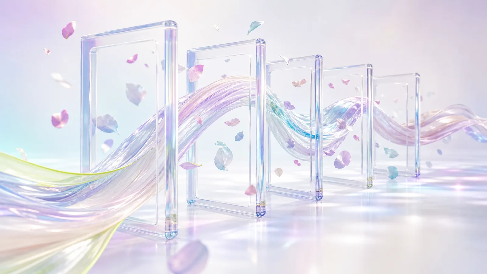 A flowing translucent ribbon carrying petals through five offset acrylic frames.
