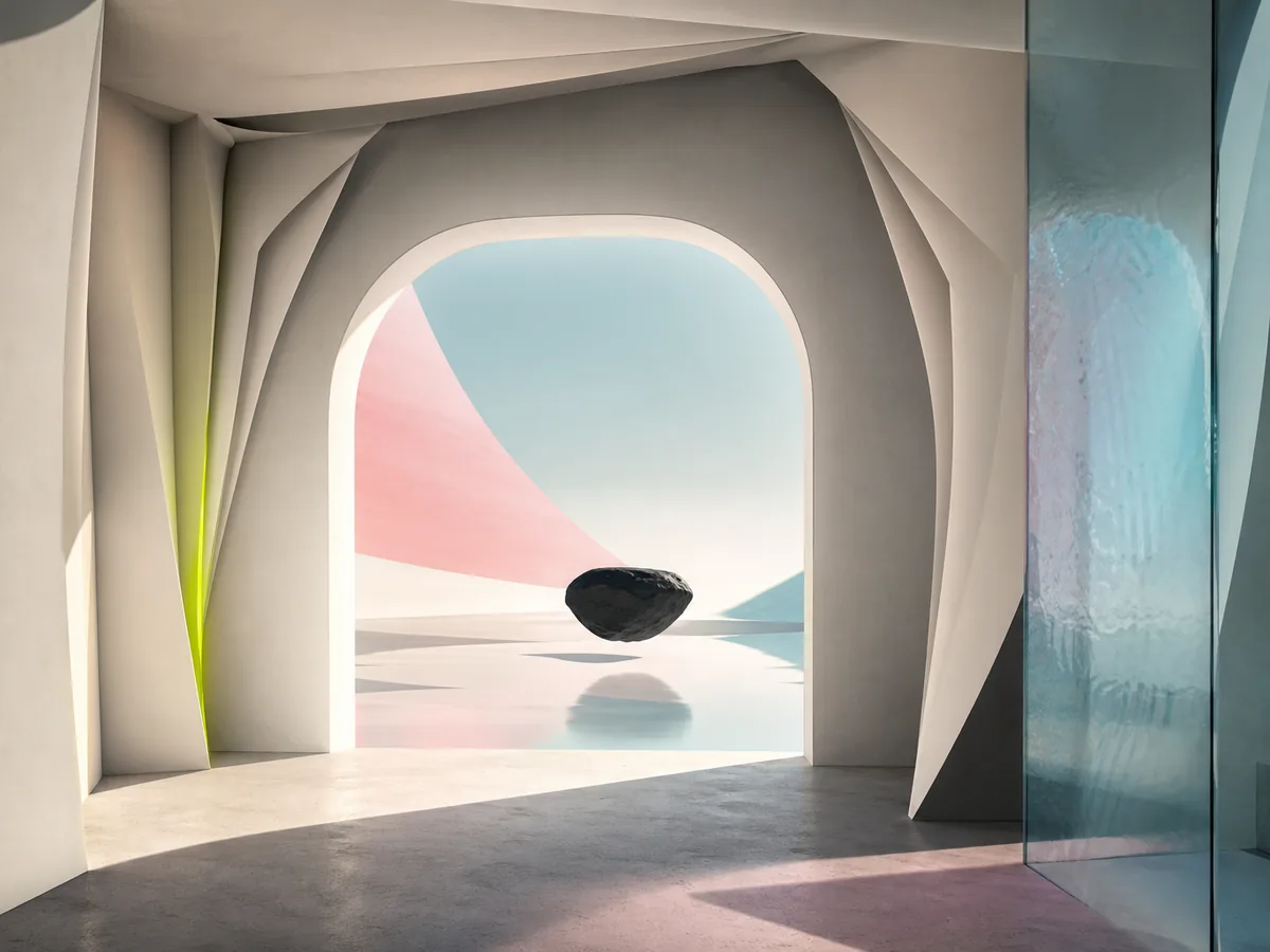 Folded paper architecture before it is expanded into a dimensional composition.